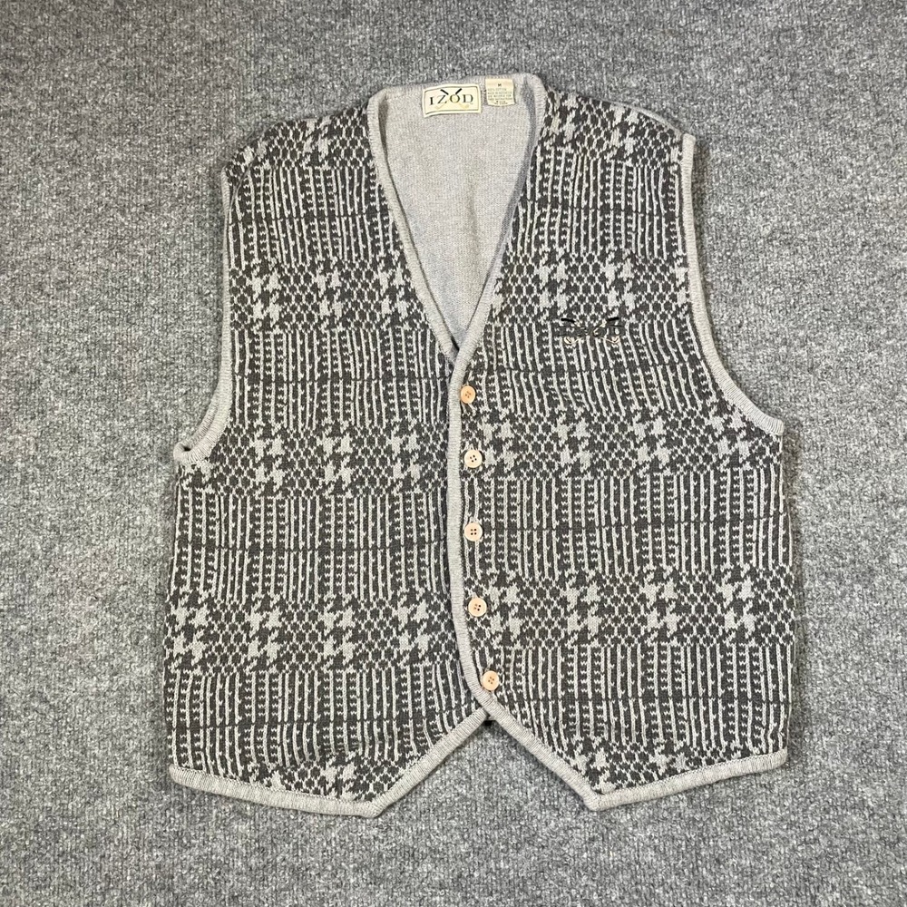 Izod Sweater Vest Mens Medium Gray Houndstooth Knit Cotton Button Front V-Neck